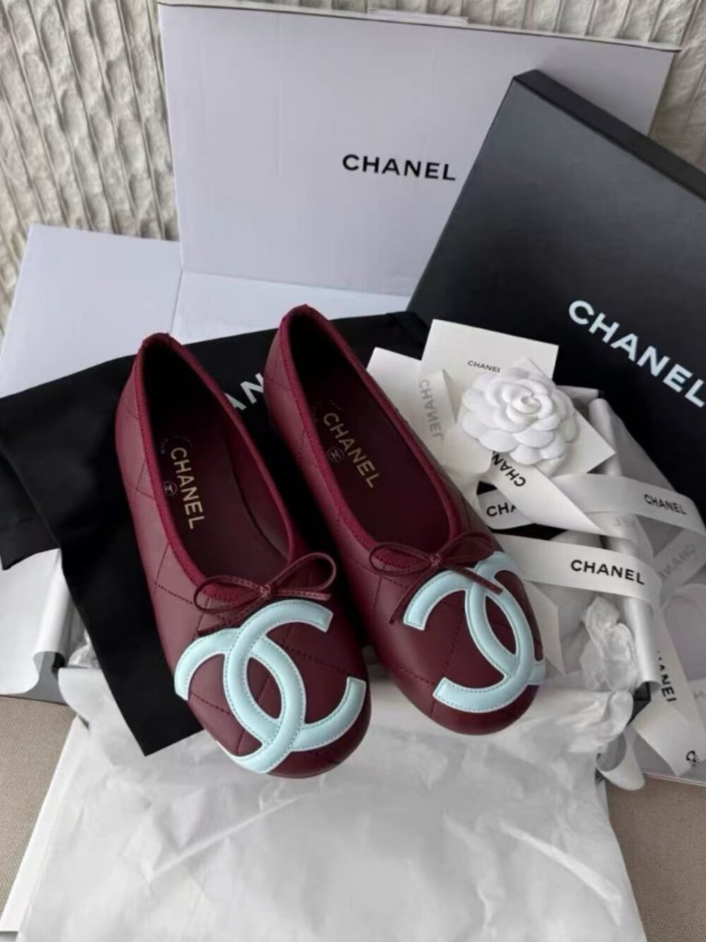 CHANEL Burgundy Quilted Light‑Blue Interlocking CC Bow Ballet Flats